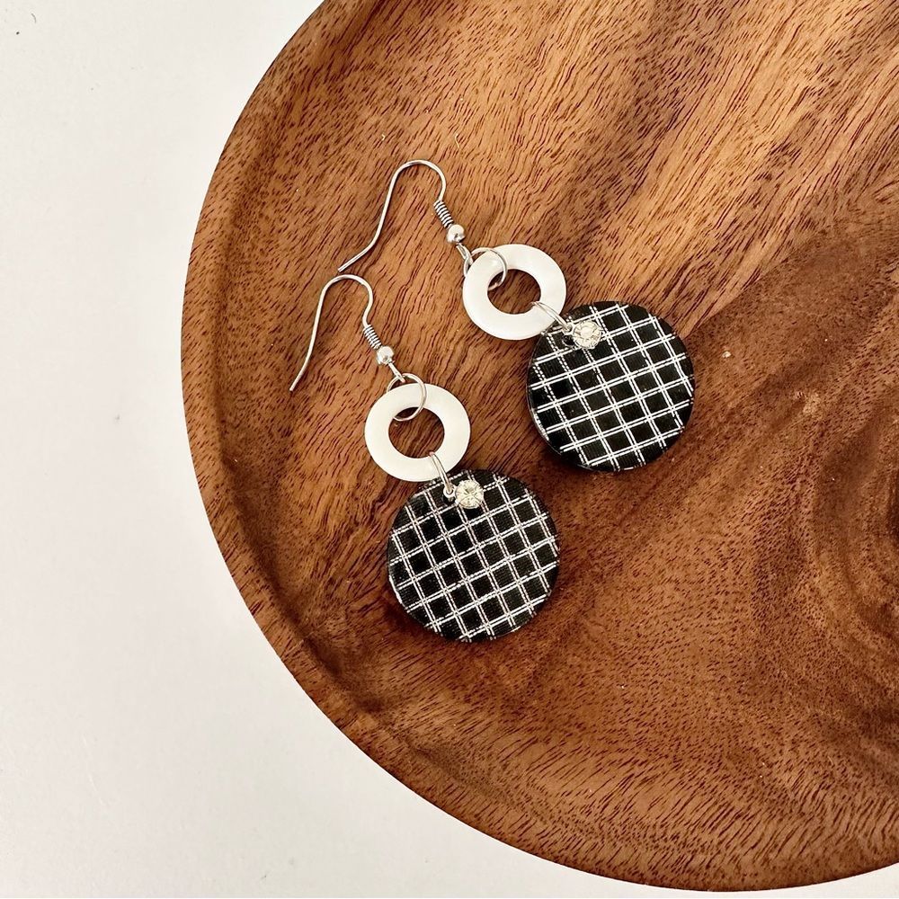 4/$15 Black White Cross Disks Hoops Drop Earrings